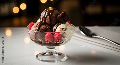Delicious Ice Cream Sundae Dessert with Chocolate and Whipped Cream