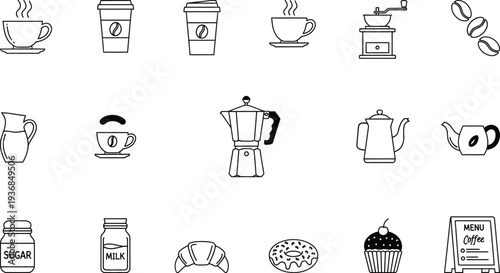 An extensive grid of outline icons illustrating a diverse range of coffee-related items and accessories, from cups and machines to beans and pastries, all on a simple white background.