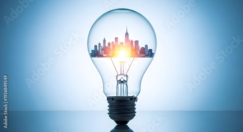 Glowing LED Light Bulb on Blue Background Energy Saving Technology Concept