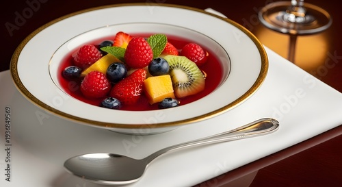 Fresh Fruit Salad Bowl with Berries Kiwi and Mixed Fruits on White Plate