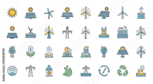 Collection of Colorful Renewable Energy Icons Representing Sustainable Power Sources.
