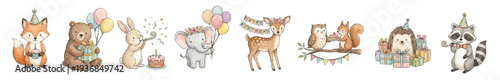 Cute watercolor party animals set. Watercolor woodland birthday animals clipart set with gifts, balloons, cake. Collection of Vector illustrations. Perfect for invitation, card, poster, banner, decor