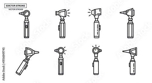 Set of otoscope medical instrument icons in a hand-drawn vector stroke style Line art illustrations for ear examination.