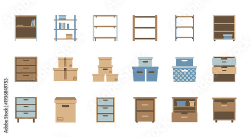 Diverse collection of storage furniture shelves drawers cabinets and boxes in flat icon style.