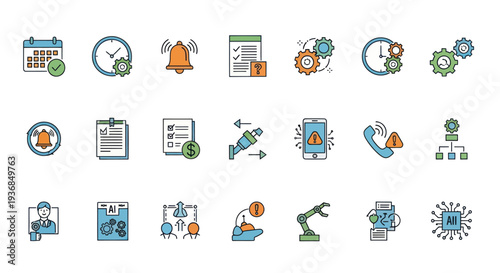 Vibrant Business Technology and Automation Line Icons Collection.