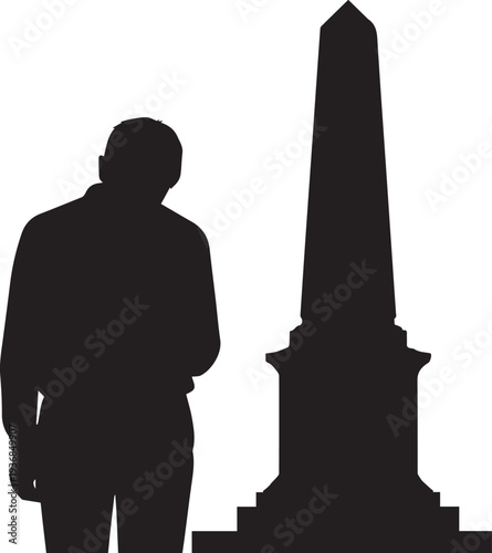 Man silhouette beside monument illustration vector, paying respects