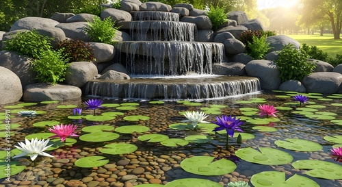 Scenic Stone Steps Waterfall Garden Landscape with Lush Greenery