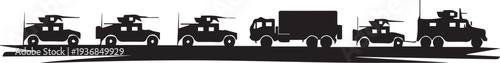 Military convoy vector illustration with armored vehicles and truck transport silhouettes
