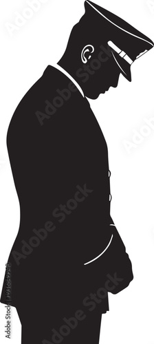 Military officer vector silhouette illustration bowing in formal uniform hat line art