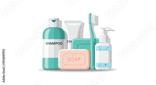 Flat lay of various toiletries including shampoo, soap, and lotion on a white background with a pastel color palette.