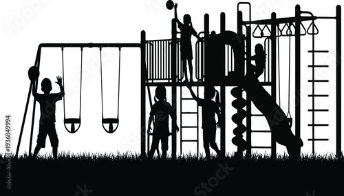 Playground silhouette scene with children playing on swings, slide, monkey bars, and climbing structures, representing fun, activity, childhood, and outdoor recreation