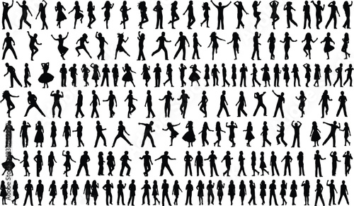 Large collection of human silhouettes in dynamic poses, including walking, dancing, jumping, standing, and gesturing, representing expressive movement and diverse actions