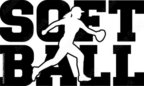 Softball text with pitcher woman silhouette