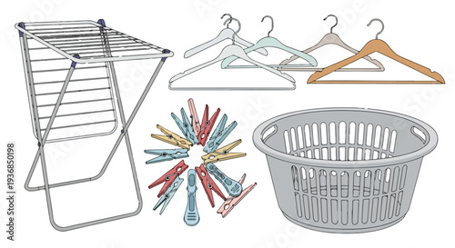 Assortment of laundry accessories including a drying rack, hangers, clothespins, and a basket on a white background.