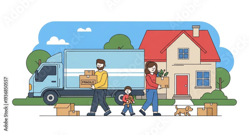 Moving Day Family Packing and Loading Truck.