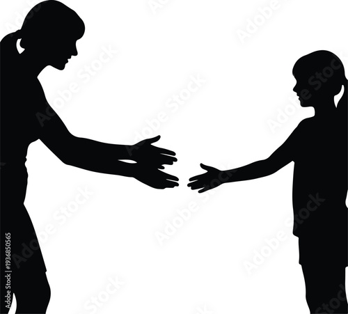Vector mother and daughter reaching hands out to each other silhouette design