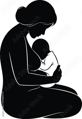 Vector mother breastfeeding her newborn baby in a peaceful silhouette design