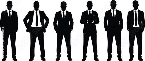 Businessmen silhouettes collection showing confident corporate men standing in formal suits, professional leadership and executive team concept isolated illustration