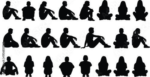 Collection of sitting people silhouettes, men and women seated in various poses black full body figures isolated on white background