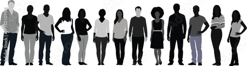 Diverse people silhouettes group standing together in casual clothing, multicultural men and women community concept isolated illustration on white background