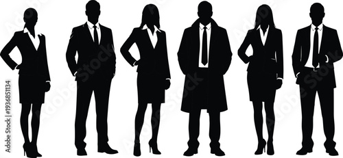 Corporate business people silhouettes in formal suits and coats, professional men and women black full body figures isolated on white