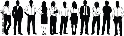 Group of professional business people silhouettes, men and women in formal office attire black full body figures isolated on white background