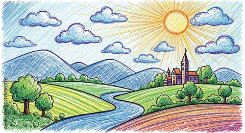 Colorful Hand-Drawn Landscape with River and Mountains.