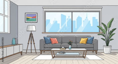 Modern Living Room Interior with Sofa and Large Window.