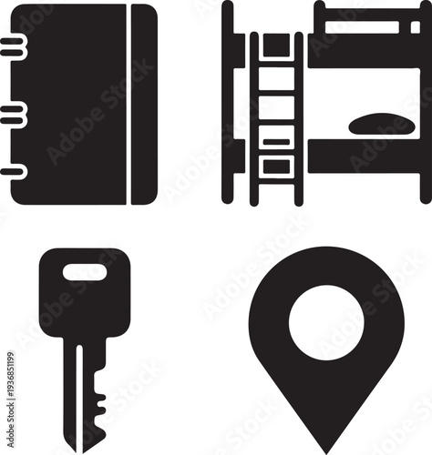 Black of notebook bunk bed key and map pin journal