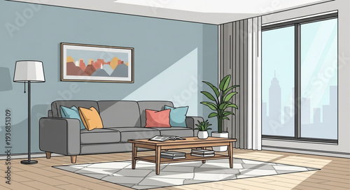 Modern Living Room Interior with Sofa and Coffee Table.