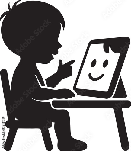 Child using digital tablet with smiley face, black vector silhouette