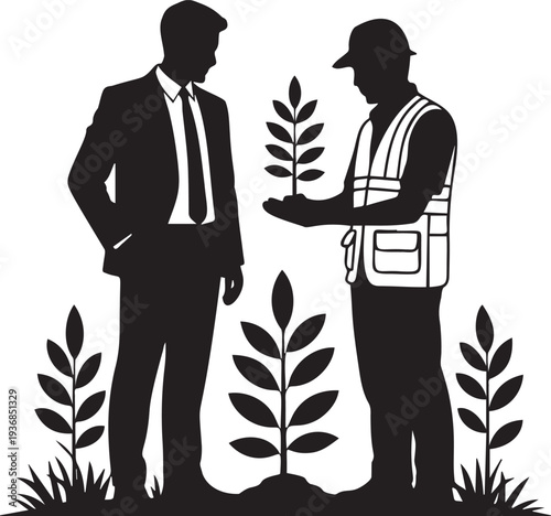 Two men discussing plant in nature, black vector silhouette illustration