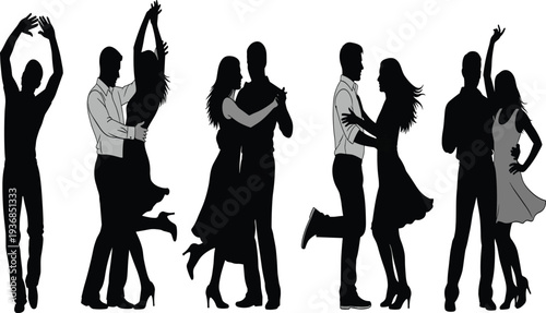 Elegant silhouettes of dancing couples and solo performer in expressive poses, showcasing ballroom, tango, salsa, and contemporary dance styles with artistic movement