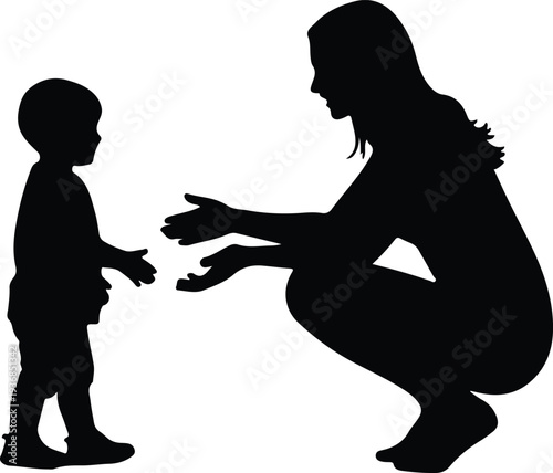 Vector mother crouching with open arms welcoming her young toddler silhouette design
