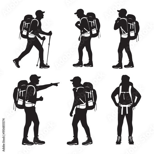 Hiker silhouettes in various poses with backpacks and trekking poles