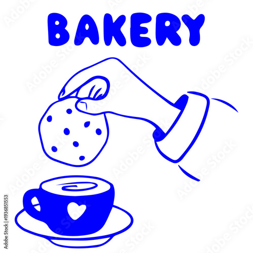 Bakery doodle illustration with hand dipping cookie into coffee cup, blue hand drawn doodle style bakery concept
