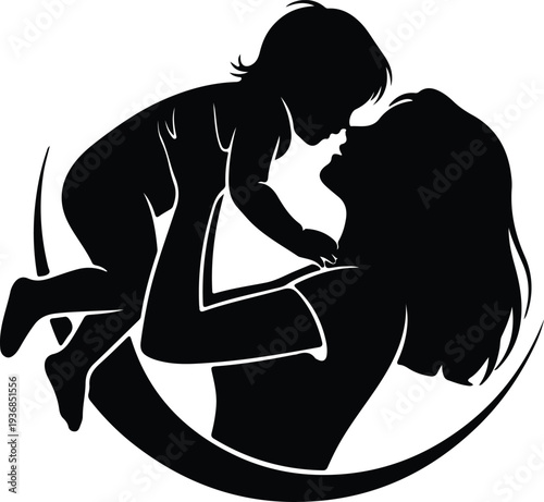 Vector mother holding her happy baby high with love and joy silhouette design