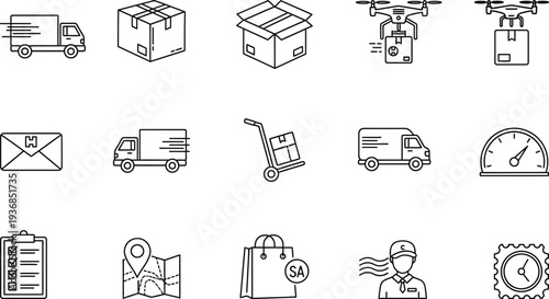A comprehensive collection of outline icons illustrating various aspects of delivery, logistics, and shipping services, including trucks, packages, drones, and maps, on a white background.