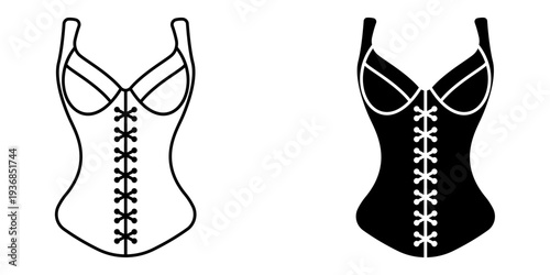 Corset icon set. Black and white silhouettes of corsets on a plain background.