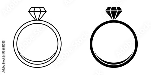 Ring icon set. Minimalist black and white wedding ring illustrations with diamond details.
