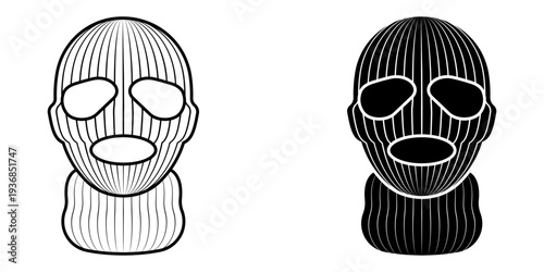 Balaclava icon set. Black and white illustration of balaclava masks with vertical lines.