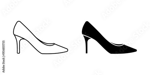 High Heels icon set. Minimalist illustration of high heel shoes in silhouette and outline.