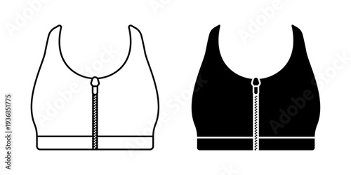 sports bra icon set. Graphic illustration of two sports bras with zipper details in black and white.