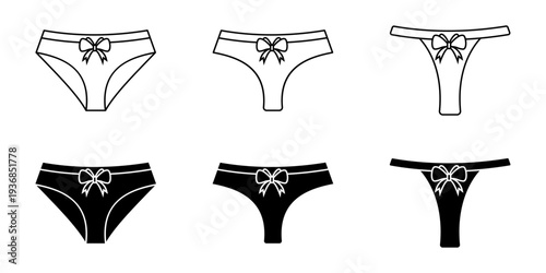 Underwear icon set. Vector illustration of women's underwear with bow designs in black and white.