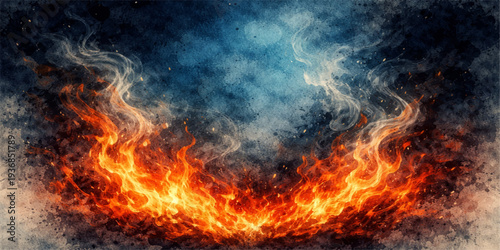 Bright red and orange flames burning in the dark night on a black background creating a fiery abstract scene with heat, smoke, and glowing energy