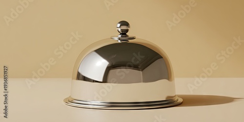 Shiny silver cloche on a pale surface against a soft, tan background