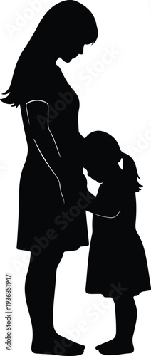Vector pregnant mother and young daughter bonding with belly silhouette design