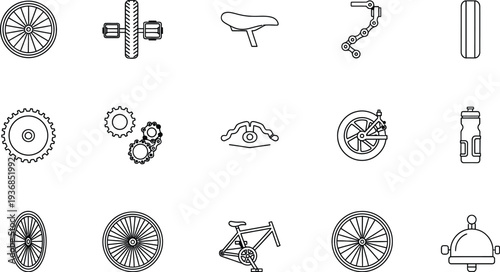 A line art illustration of a classic bicycle wheel with spokes, a rim, and a hub, presented in a minimalist, clean black and white style on an isolated background.