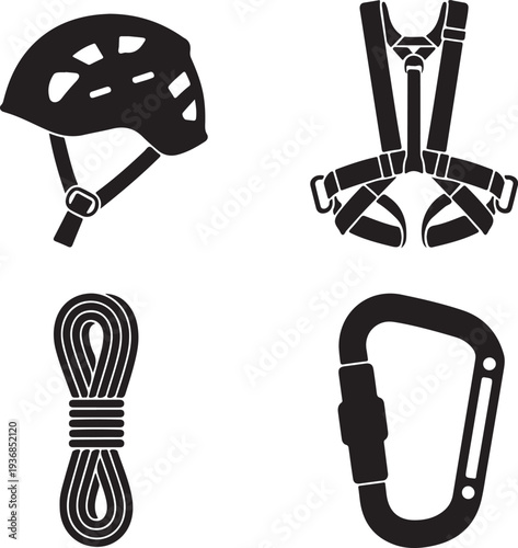 Black climbing gear helmet harness rope carabiner climbing helmet