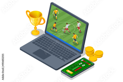 Isometric online football betting concept with laptop screen showing soccer match, smartphone with betting interface, gold coin and trophy. Digital sport gambling platform with score board and match